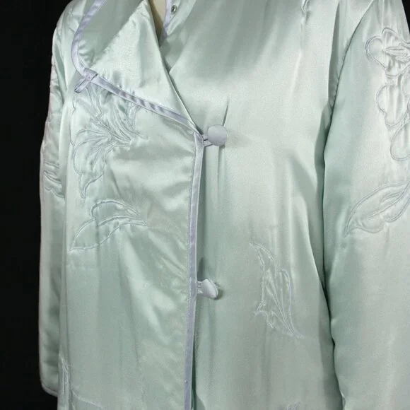 Vintage Natori Satin Floral Embroidered Full Length Winter Robe Lounge Blue M - Picture 6 of 14
